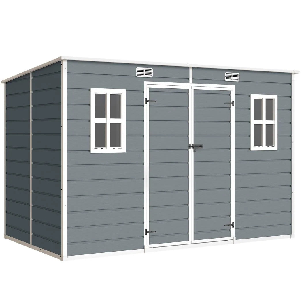 Outsunny 10 x 6ft Resin Garden Shed with Floor, Windows, Lockable Doors and Vents – Outdoor Storage, Grey