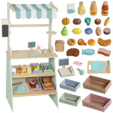 AIYAPLAY Wooden Toy Shop with Cash Register, Blackboard, Toy Food & 4 Storage Boxes – Market Stall, Green