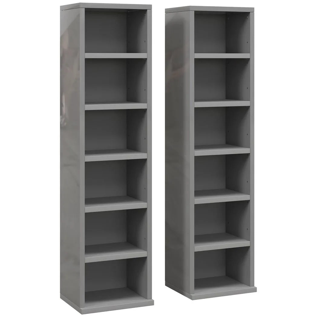 HOMCOM Set of 2 CD Media Tower Shelf Units with Adjustable Shelves, 204 CD Capacity – High Gloss Grey