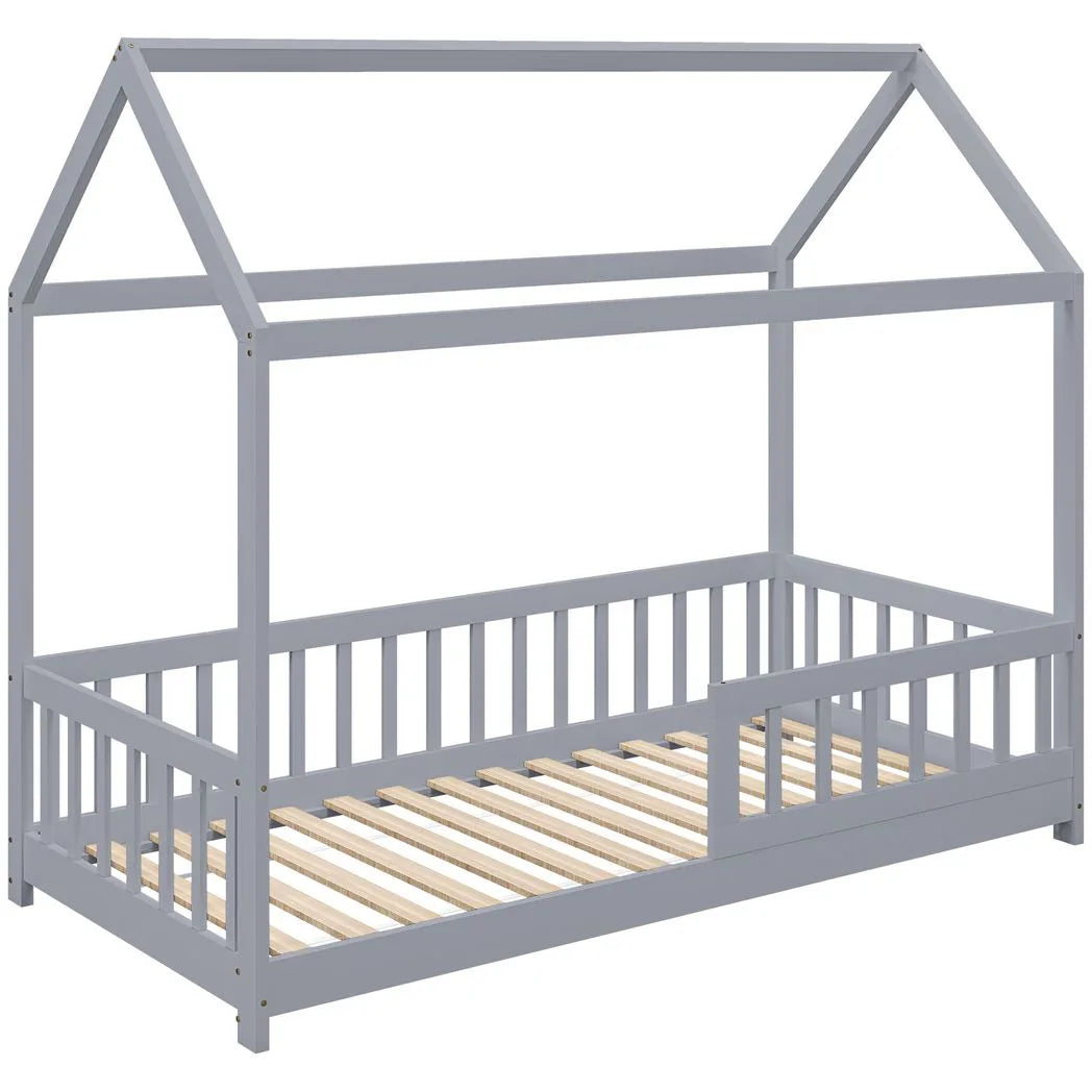 HOMCOM House-Shaped Kids Single Bed Frame with Guard Rails – Solid Pine, Grey