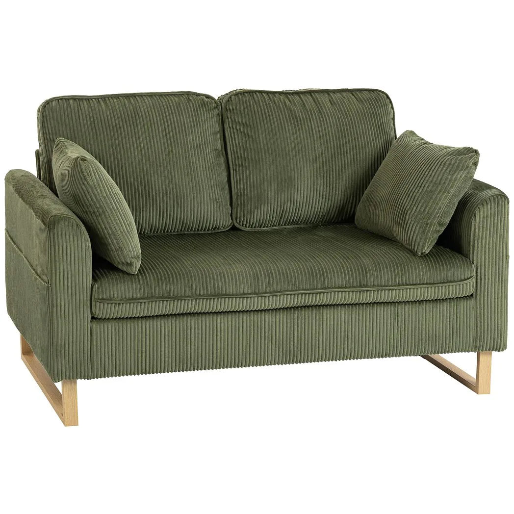 HOMCOM 2 Seater Sofa, 140 cm Corduroy Loveseat with Pocket Springs, Metal Legs and 2 Pillows – Dark Green