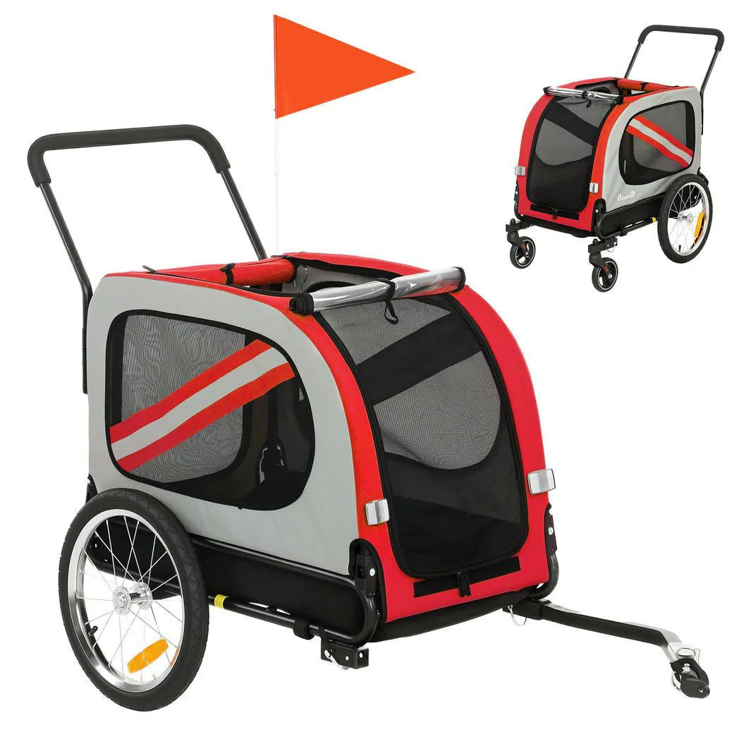 PawHut 2-in-1 Dog Bike Trailer and Pet Stroller with Reflectors & Flag – Foldable Pet Carrier, Red