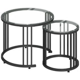 HOMCOM Round Nesting Coffee Tables Set of 2 – Tempered Glass Tops, Steel Frame, Art Deco Style, Black