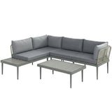 Outsunny Three-Piece L-Shaped Rattan Garden Sofa Set with Wood-Top Coffee Table and Thick Cushions – Grey
