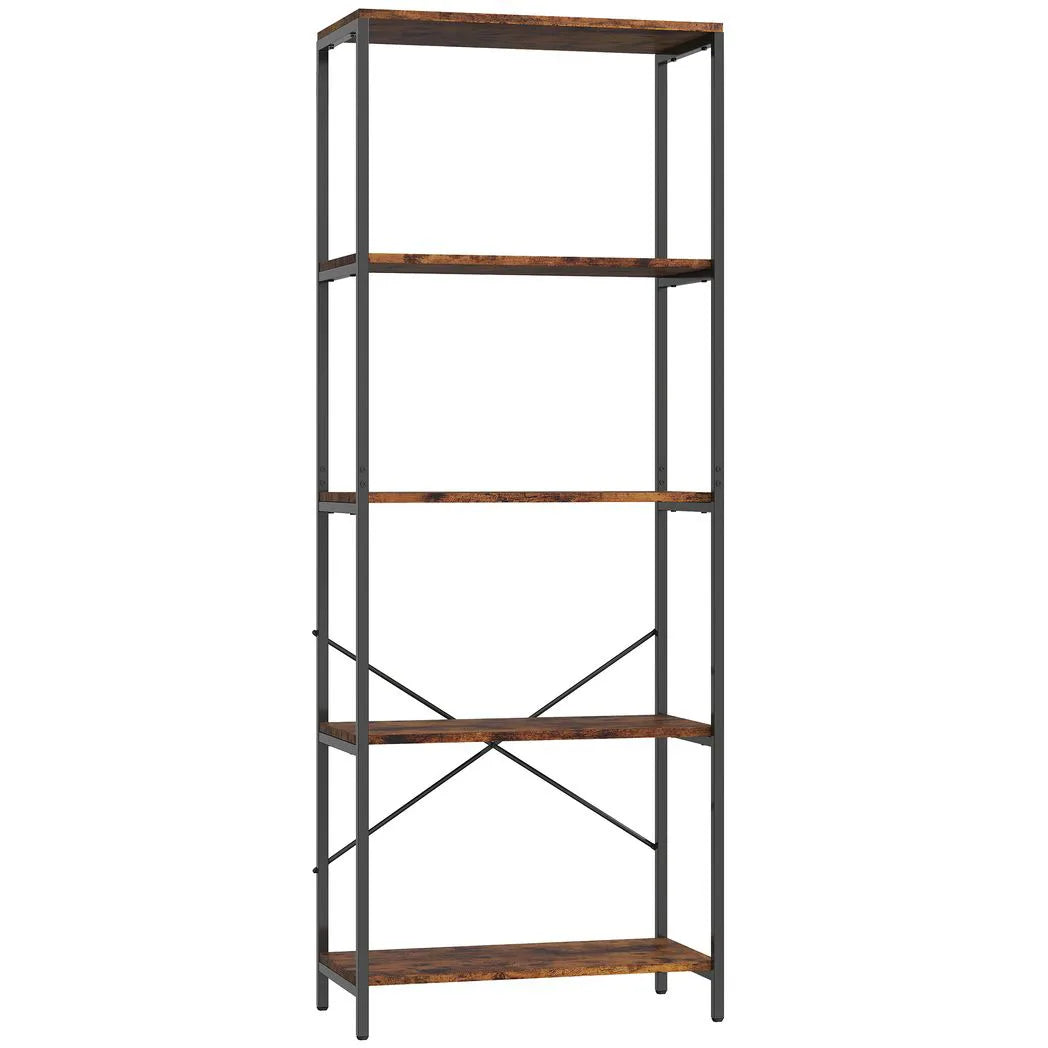HOMCOM 5-Tier Industrial Bookcase with Metal Frame and Anti-Tipping Straps – Display Shelf, Rustic Brown and Black