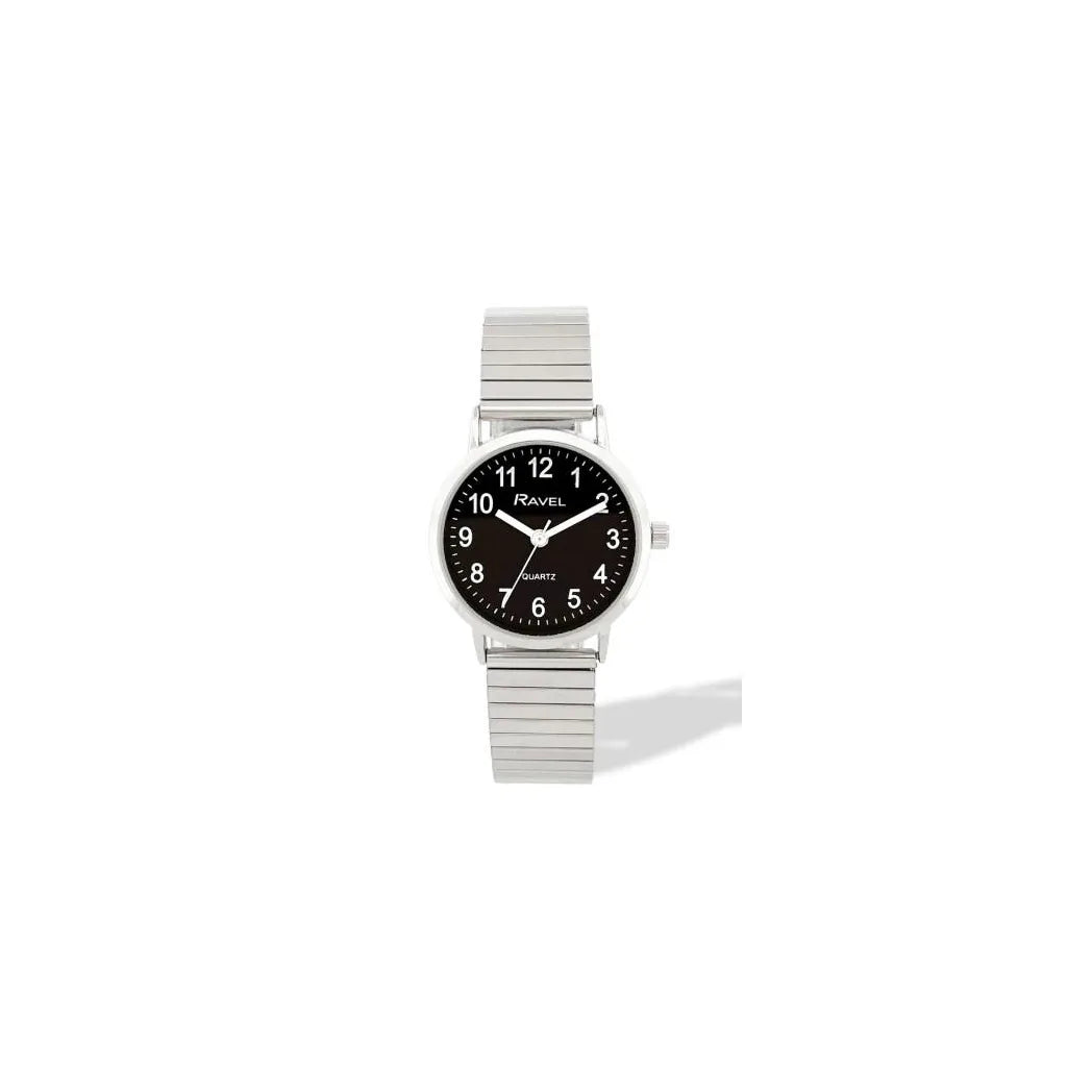Ravel Ladies Everyday Black Dial Watch with Silver Stainless Steel Expander Bracelet, 27mm