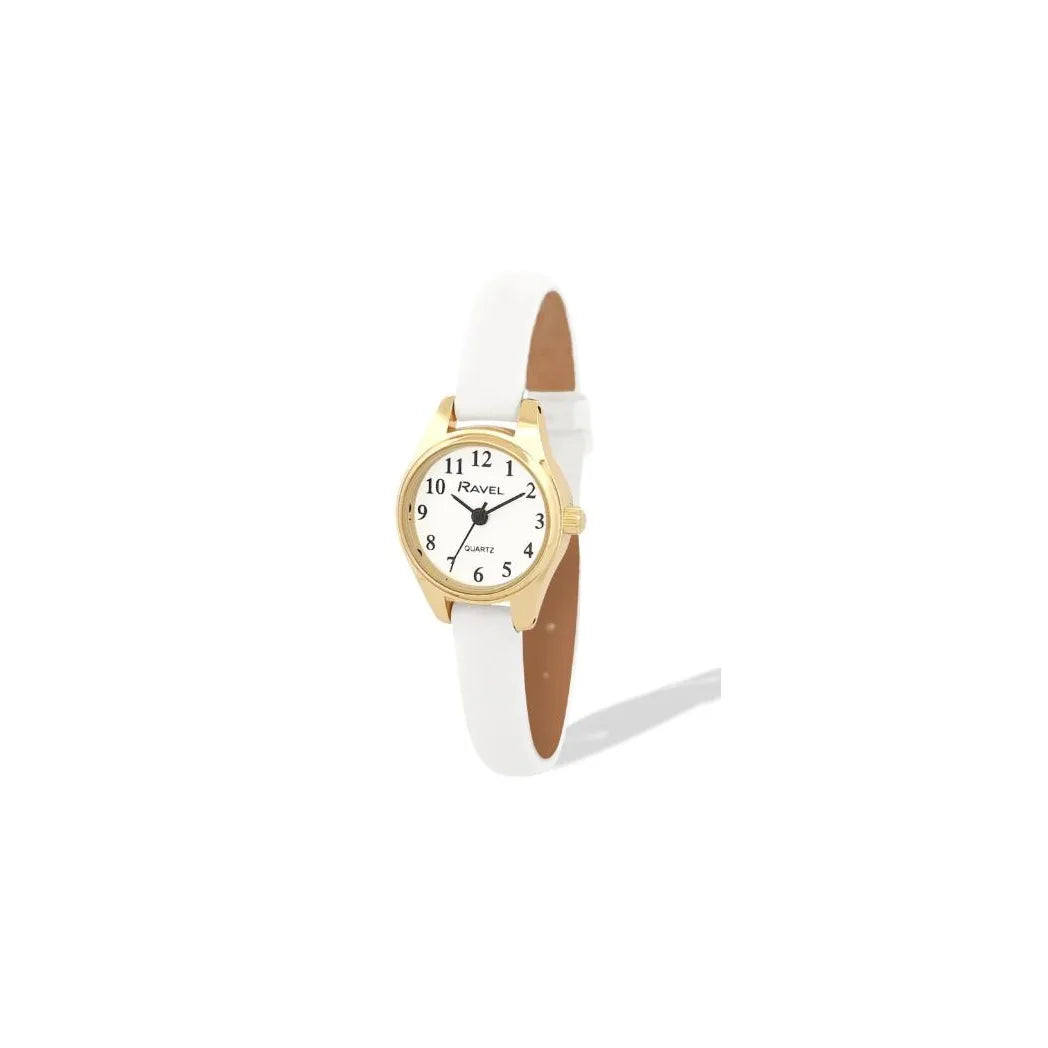 Ravel Ladies Petite Gold-Tone Watch with Clear Numerals and White Leatherette Strap