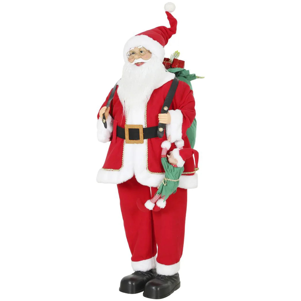 HOMCOM 4ft Singing Dancing Santa Claus with Sack and Hanging Elf – Animated Christmas Figure, Sound and Touch Activated