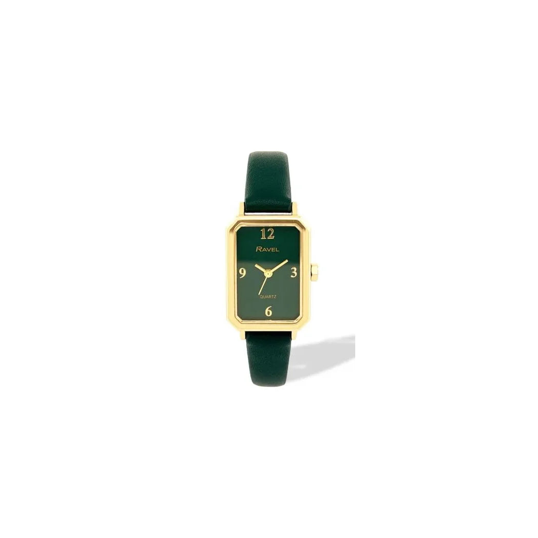 Ravel Ladies Rectangular Gold-Tone Watch with Green Faux Leather Strap