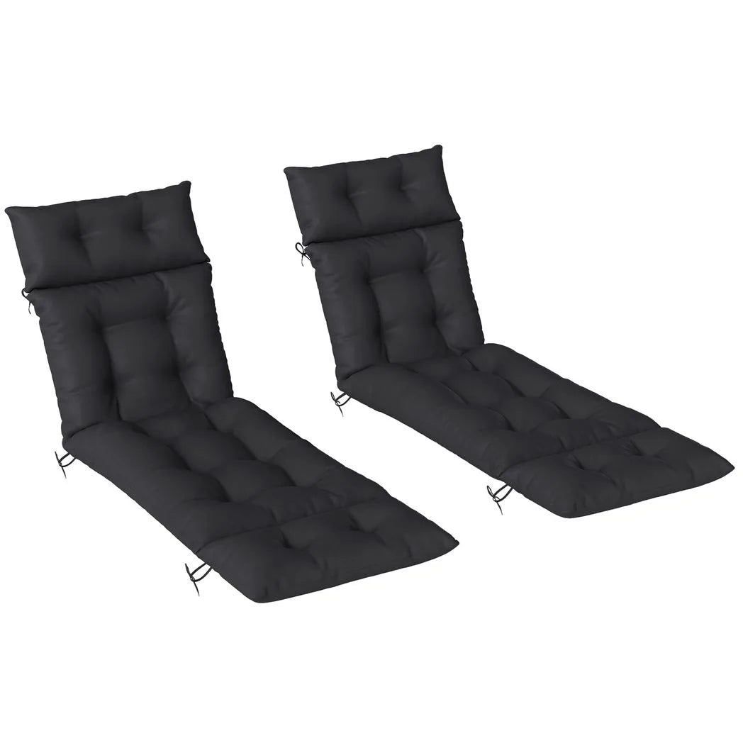 Outsunny Set of 2 Sun Lounger Cushions with Button Tufting and Ties, 190 x 56 cm, Black
