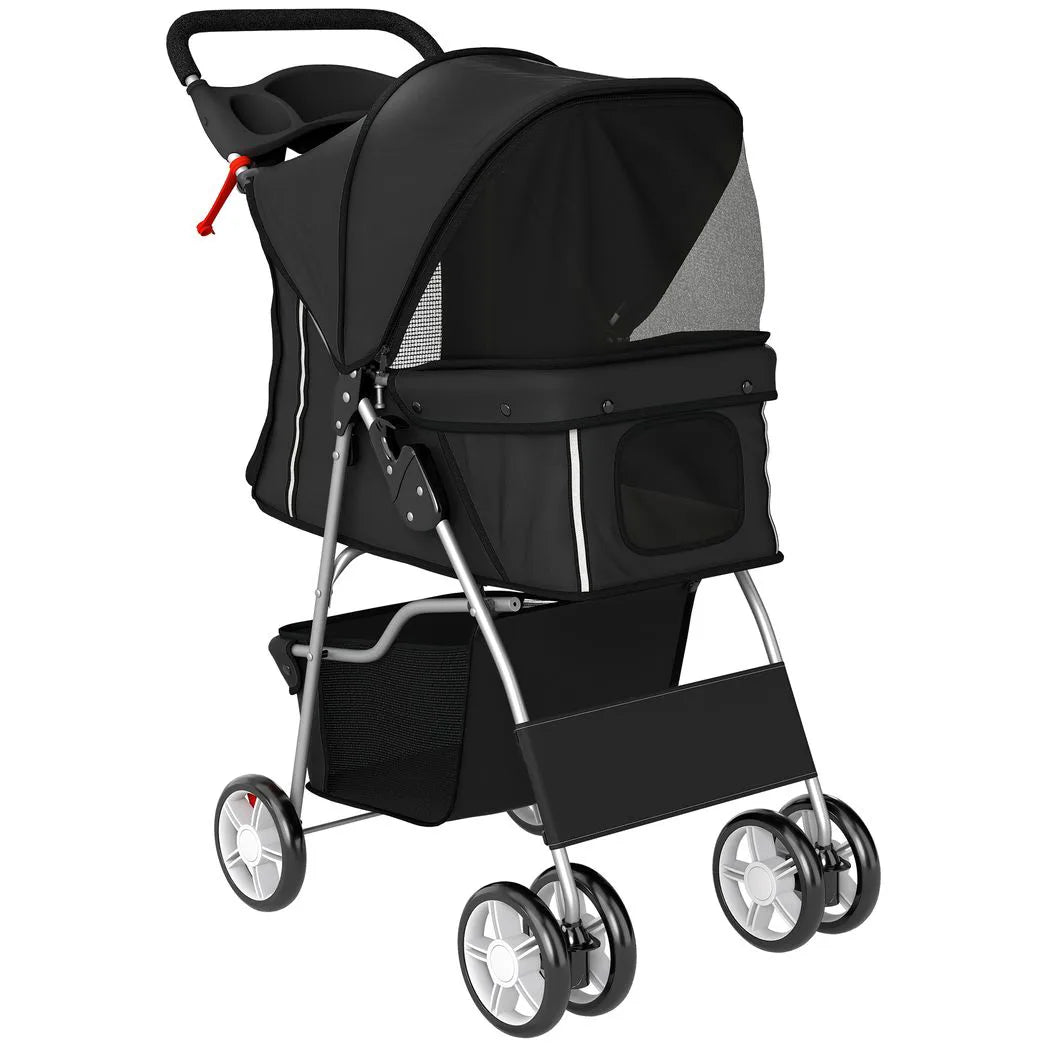 PawHut Foldable Dog Pram with Reflective Strips and 360° Swivel Wheels – Pet and Cat Stroller, Black