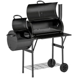 Outsunny Charcoal BBQ Grill with Offset Smoker, Thermometer Lid and Shelves – Garden Barbecue, Black