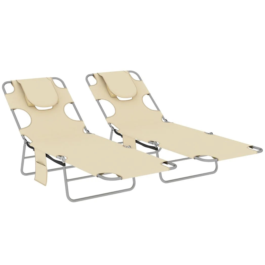 Outsunny Set of 2 Folding Sun Loungers with 5-Position Backrest, Face Hole and Side Pocket, Beige
