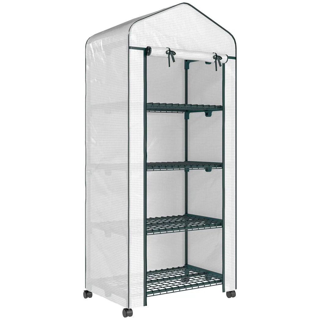 Outsunny 4 Tier Mini Portable Greenhouse with PE Cover & Lockable Wheels – Compact Plant Grow Shed, White