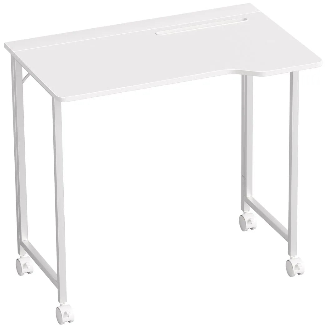 HOMCOM Small Folding Desk with 4 Lockable Wheels & Device Slot – Space-Saving Study Desk, White Wood-Effect