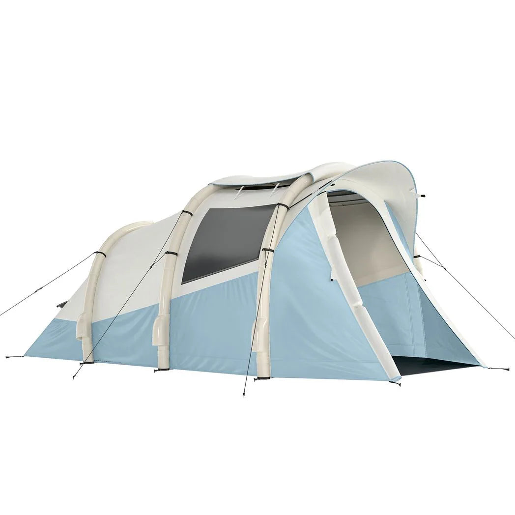 Outsunny Inflatable Camping Tent with Air Pump & 2 Rooms – Easy Setup 2–3 Person Blow Up Tent, Light Blue