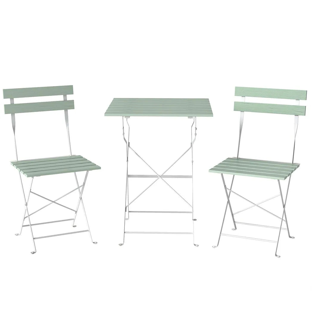 Outsunny 3-Piece Folding Bistro Set, 2 Chairs & Table – Metal and Acacia Wood Patio Furniture, White/Green