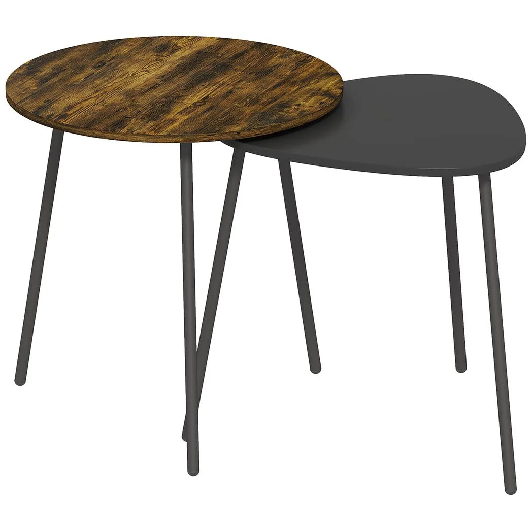 HOMCOM Nesting Side Table Set of 2 with Round and Triangle Tables – Space-Saving Metal Leg Design, Rustic Brown