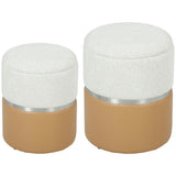 HOMCOM Set of 2 Nesting Round Storage Ottomans with Lift-Off Lids – Chenille and PU Leather, Cream and Brown