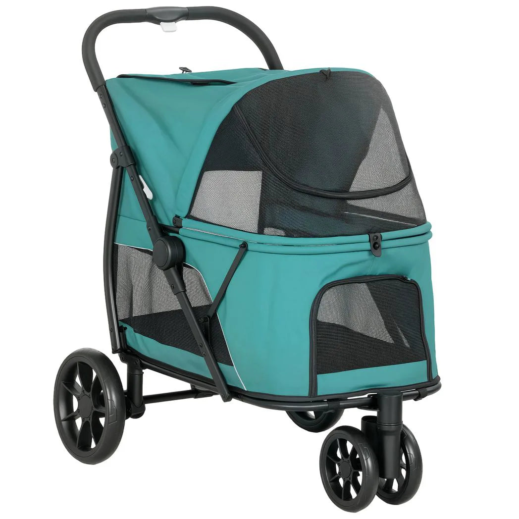 PawHut 3-Wheel Dog Stroller with Dual Entry, One-Click Fold, Mesh Windows – Pet Pram for Dogs up to 20kg