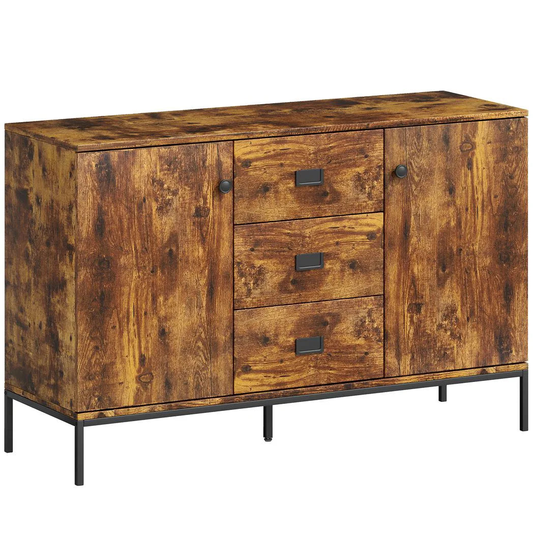 HOMCOM Modern Rustic Sideboard with 2 Cupboards and 3 Drawers – Kitchen Storage Cabinet with Metal Legs, Brown