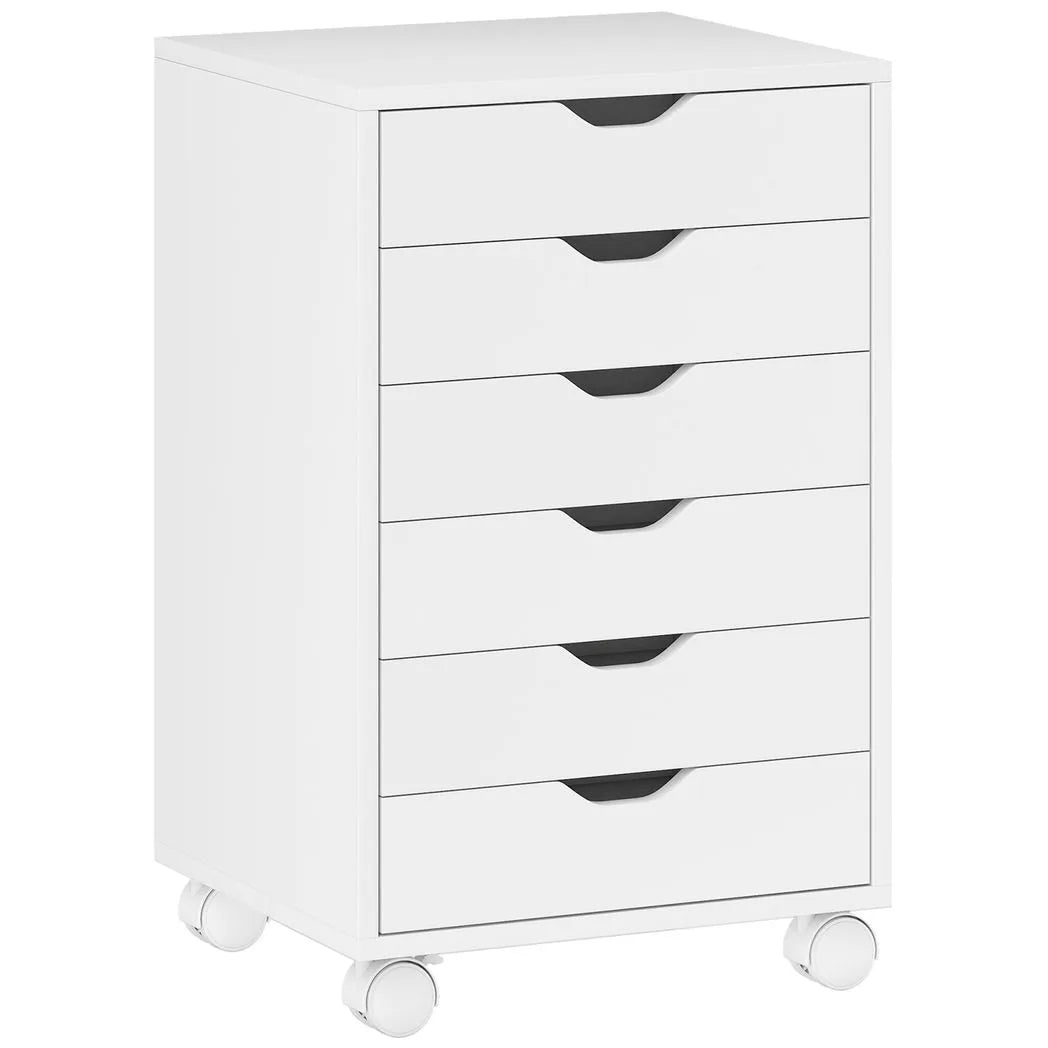 HOMCOM 6-Drawer Vertical File Cabinet with Quiet Runners & Lockable Wheels – Mobile Under Desk Storage, White