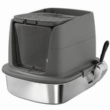 PawHut Large Stainless Steel Cat Litter Box with Lid, Scoop and Deodoriser Bag – Front Entry, Top Exit