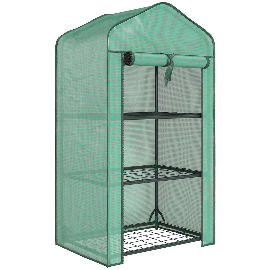 Outsunny Three-Tier Mini Greenhouse with Steel Frame, PE Cover & Roll-Up Door – Portable, Green