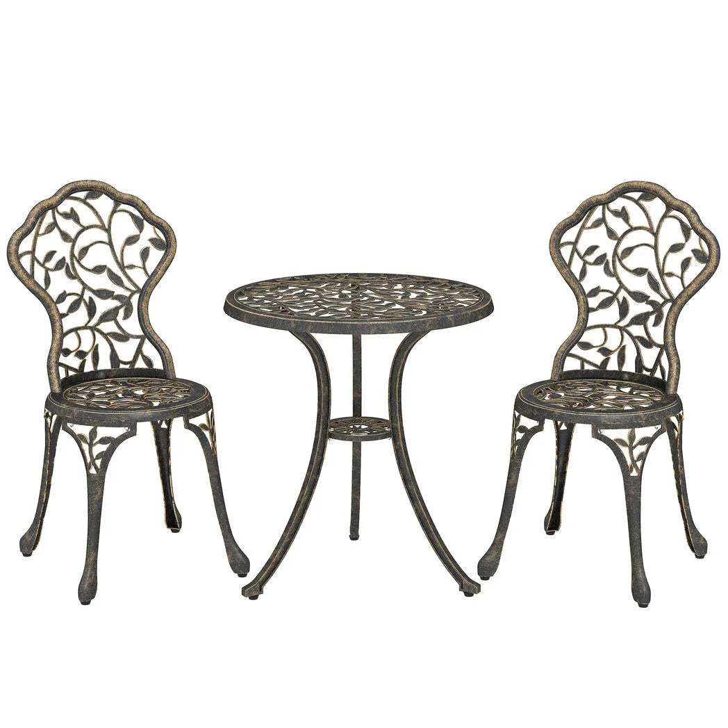 Outsunny 3 Piece Aluminium Bistro Set – Garden Table and 2 Chairs with Floral Cut-Out Design, Brown