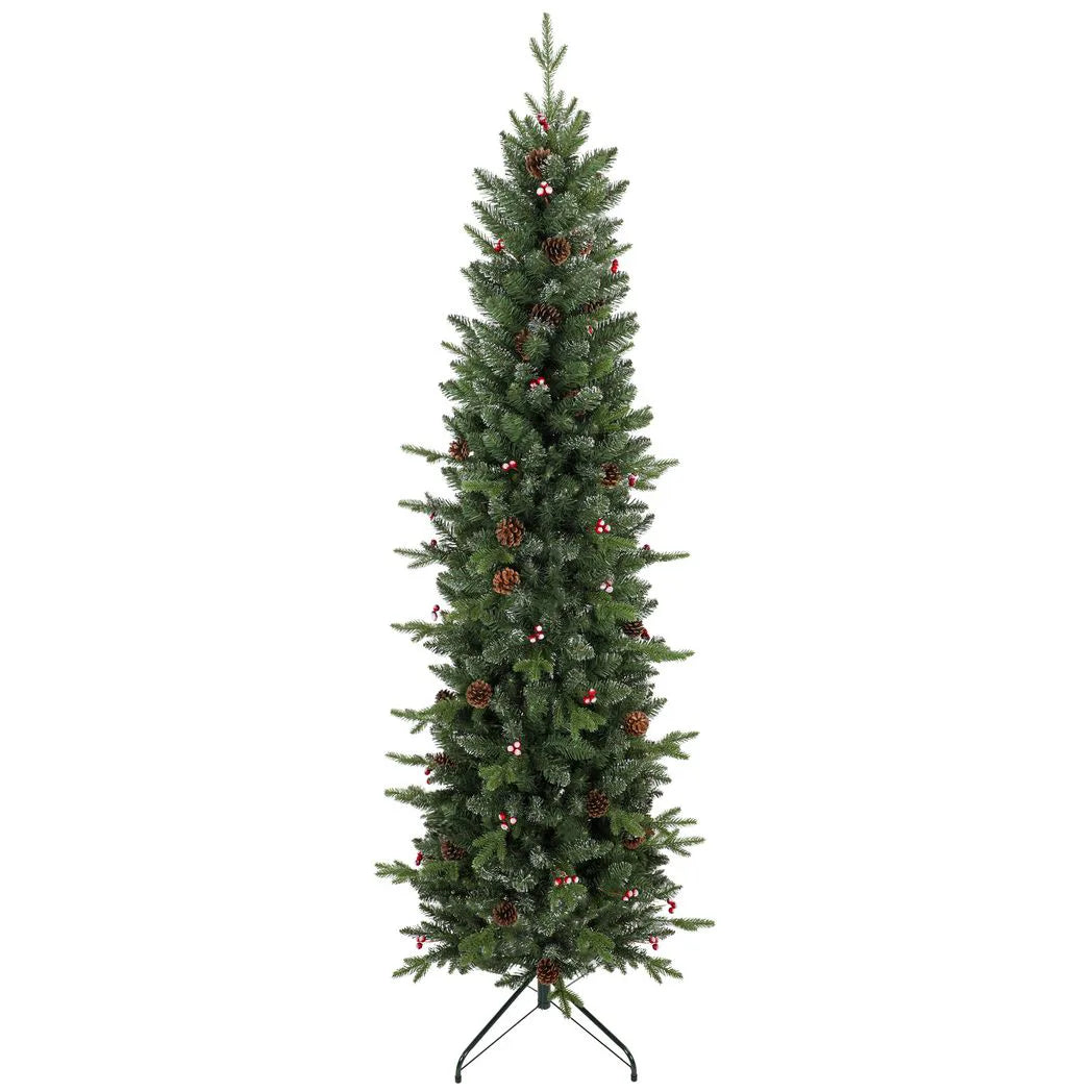 HOMCOM 7ft Slim Artificial Christmas Tree, Gracious Pine with 904 Tips, Pine Cones and Berries, Green
