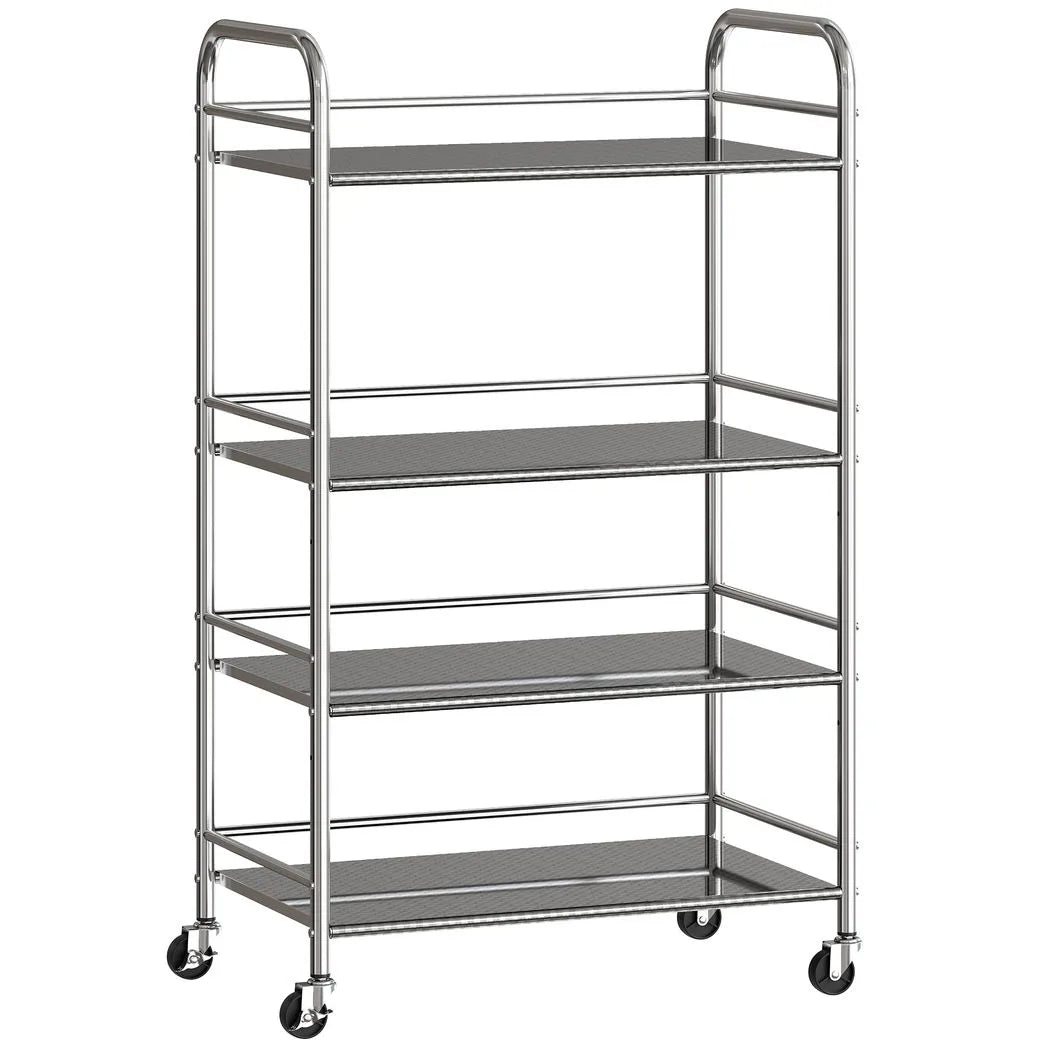 HOMCOM 4-Tier Stainless Steel Kitchen Storage Trolley with Adjustable Shelves and Lockable Wheels – Silver