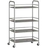 HOMCOM 4-Tier Stainless Steel Kitchen Storage Trolley with Adjustable Shelves and Lockable Wheels – Silver