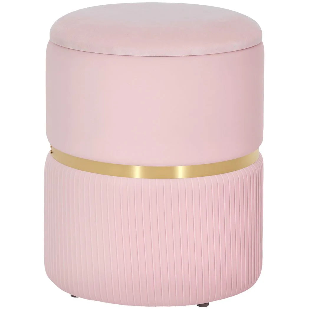 HOMCOM Velvet-Feel Round Storage Ottoman with Cushioned Top – Footstool and Hidden Storage, Pink