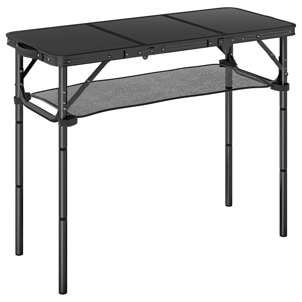 Outsunny 3ft Folding Camping Table with Mesh Storage Layer and Carry Bag – Tri-Fold Aluminium Picnic Table, Black