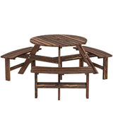 Outsunny 6 Seater Wooden Round Picnic Table with Matching Benches & Parasol Hole, Carbonised Finish