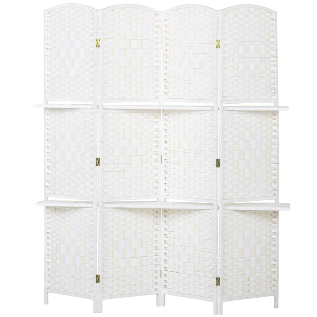 HOMCOM 4 Panel Folding Room Divider with Two Shelves & Arched Top – Freestanding Privacy Screen, 160 x 170cm, White