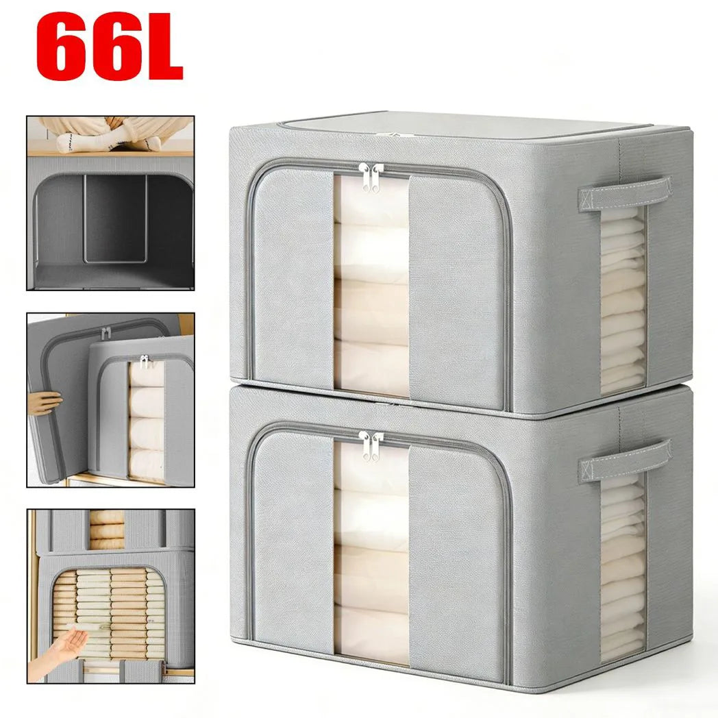 Foldable Clothes Storage Boxes with Steel Frame, Clear Window and Zip Top – Wardrobe Organisers, Grey, Set of 2
