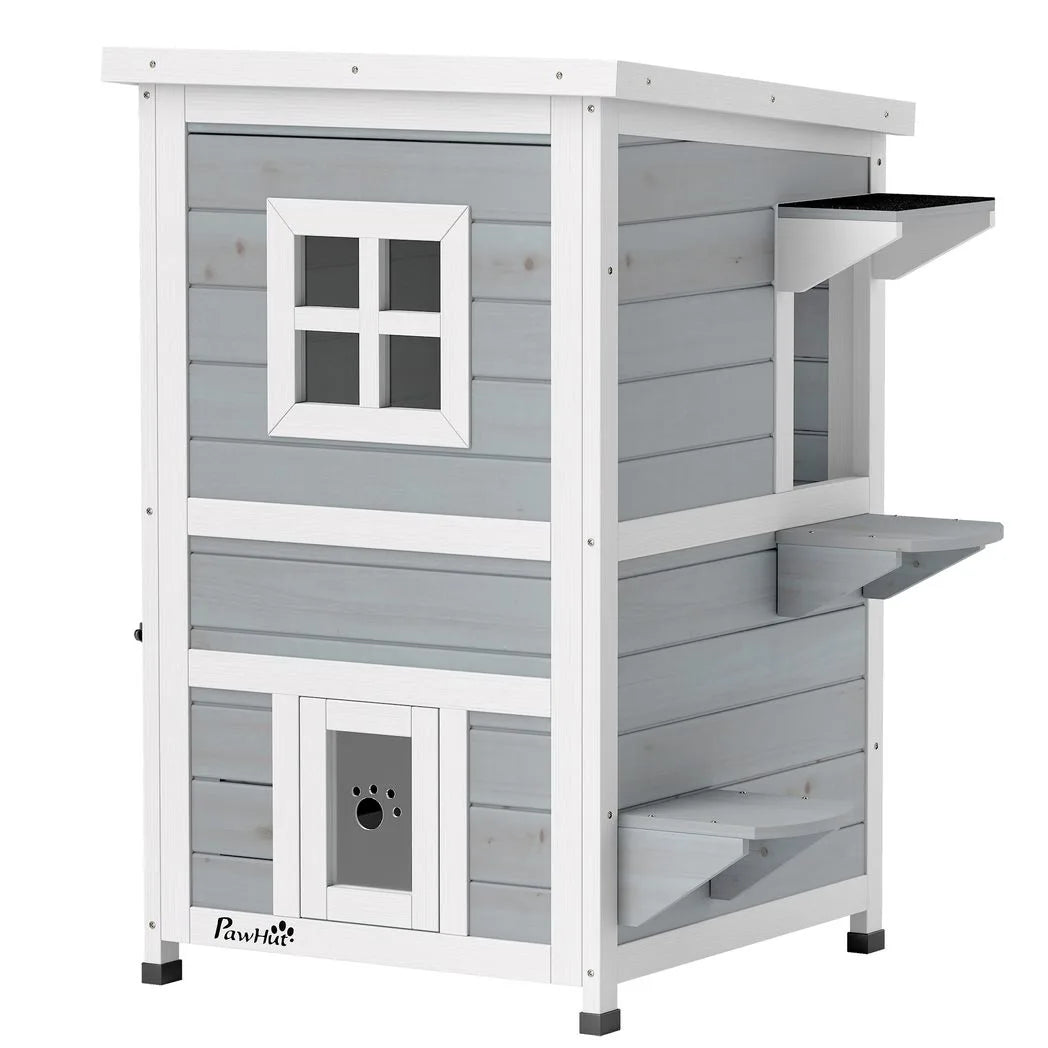 PawHut Wooden 2-Floor Outdoor Cat House with 3 Doors, Window and Asphalt Roof – Kitten Shelter, Grey