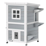 PawHut Wooden 2-Floor Outdoor Cat House with 3 Doors, Window and Asphalt Roof – Kitten Shelter, Grey