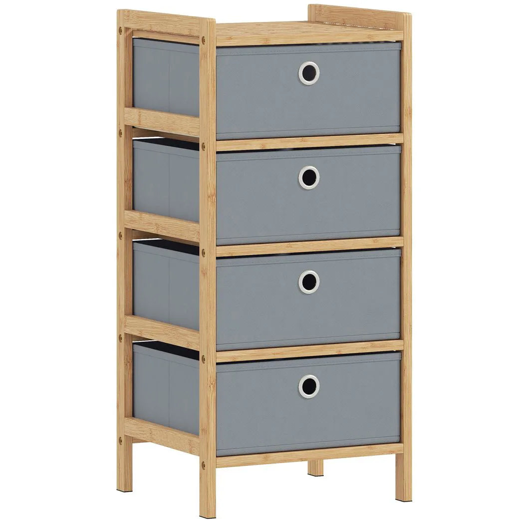 HOMCOM Chest of Drawers with 4 Fabric Drawers – Narrow Bedroom Dresser with Bamboo Frame, Light Grey
