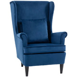HOMCOM Wingback Accent Chair with High Backrest & Pillow – Velvet-Feel Reading Chair, Solid Wood Legs, Blue