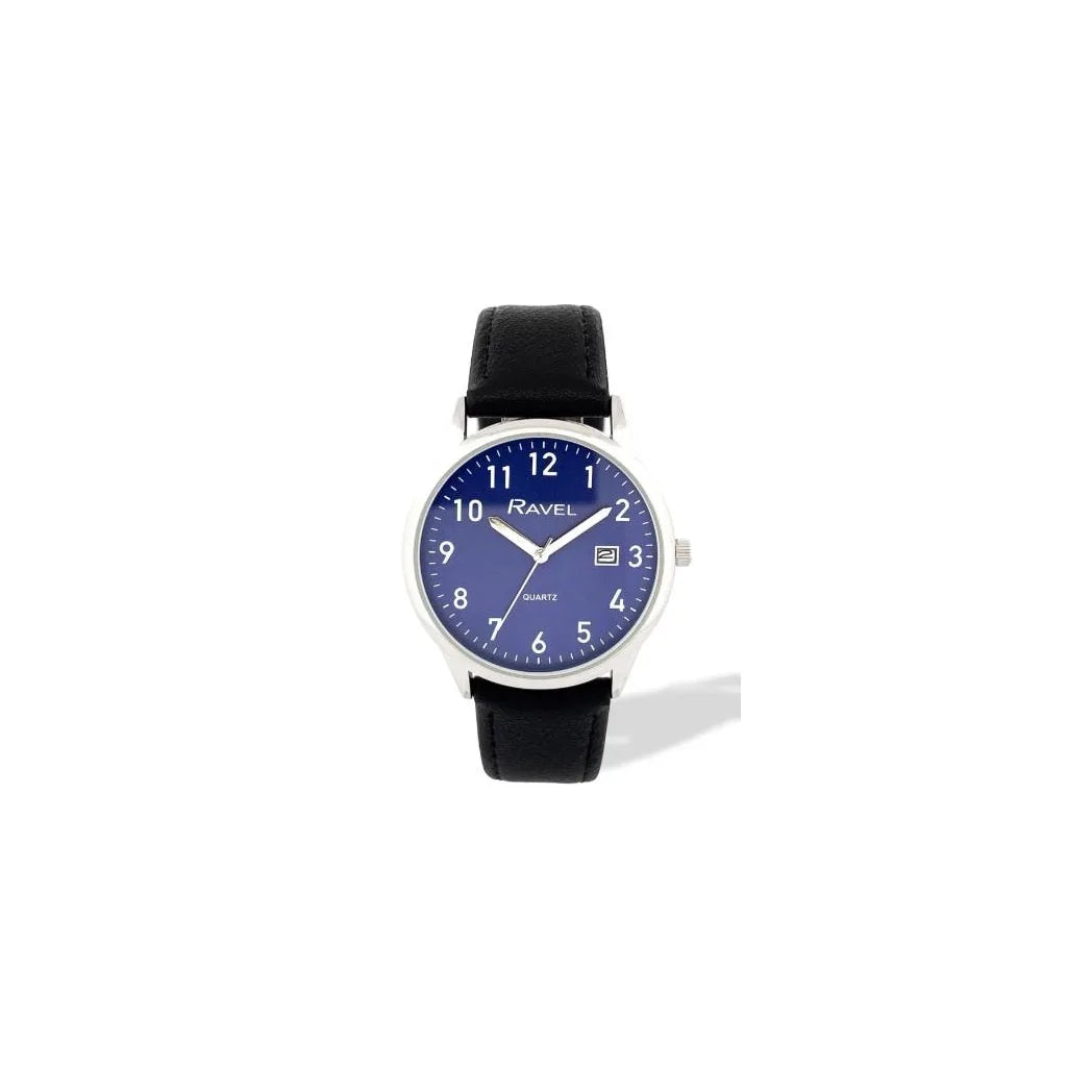 Ravel Men's Silver-Tone Dated Watch with Blue Dial and Black Faux Leather Strap