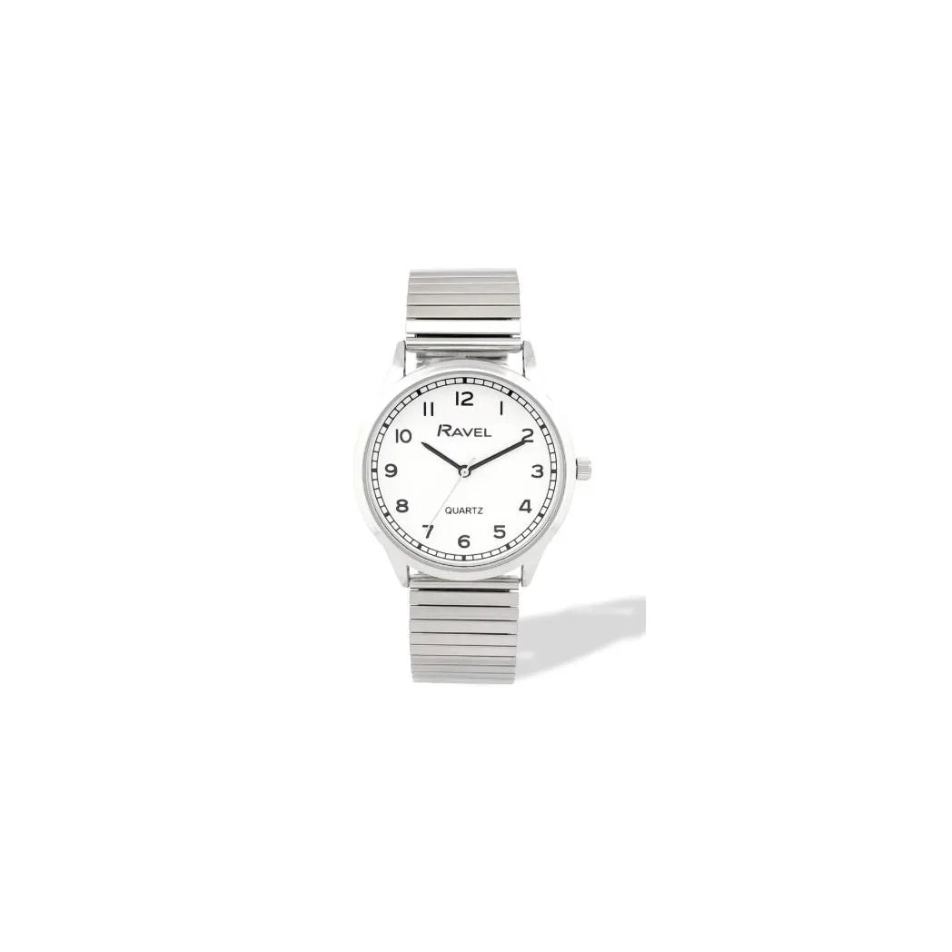 Ravel Men's Easy Read White Dial Watch with Minute Track and Silver Stainless Steel Expander Bracelet, 36mm