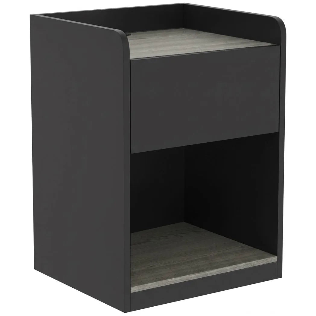 HOMCOM Modern Slim Bedside Table with Drawer, Shelf & Cable Holes – Nightstand, Black and Grey Wood Effect