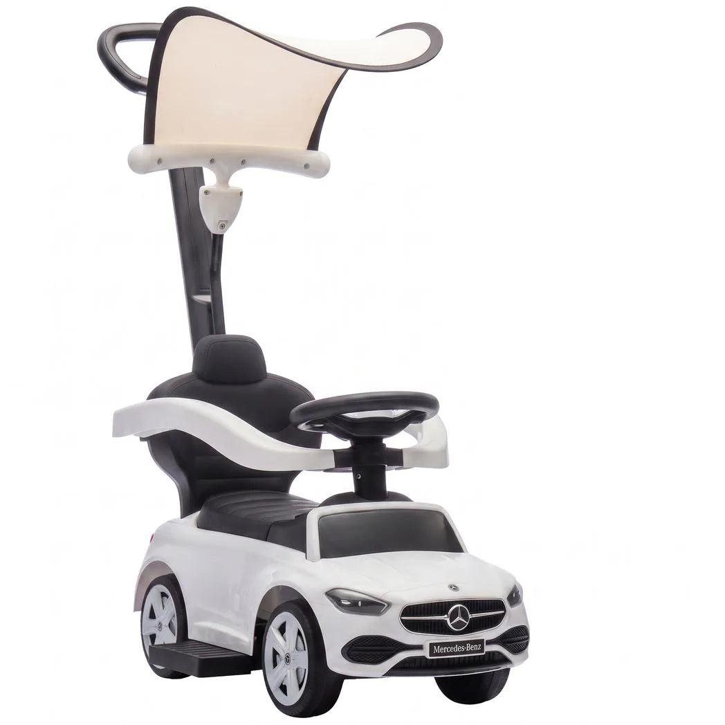 AIYAPLAY 4 in 1 Licensed Mercedes-Benz Ride On Push Car with Canopy, Guardrails, Horn and Music – 12–36 Months, White
