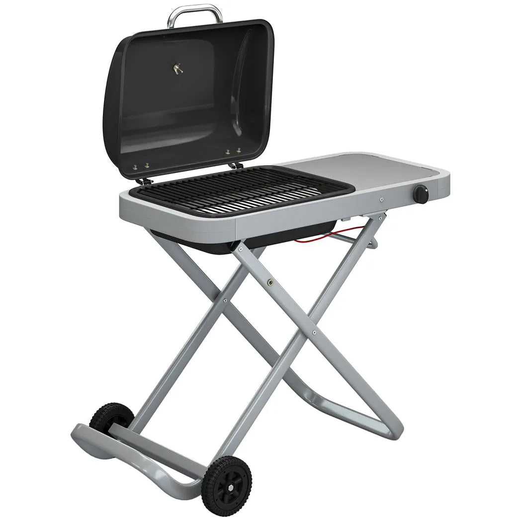Outsunny Foldable Portable Gas BBQ Grill – 2.5kW with Lid Thermometer, Side Table, Grease Box and Wheels, Black
