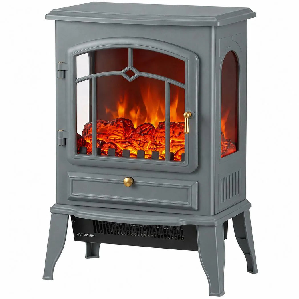 HOMCOM 1000/2000W Electric Fireplace Stove with 3D Flame Log and Thermostat – Freestanding Heater, Grey