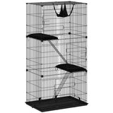 PawHut 3-Tier Large Cat Cage with Hammock, Platforms, Tray and Cushions – Detachable Metal Kennel for 1–2 Cats