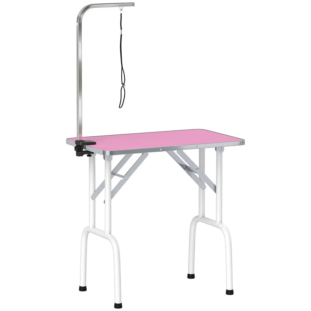 PawHut Foldable Dog Grooming Table with Adjustable Arm, Non-Slip Rubber Top and Noose – Pet Drying Table, 81cm, Pink