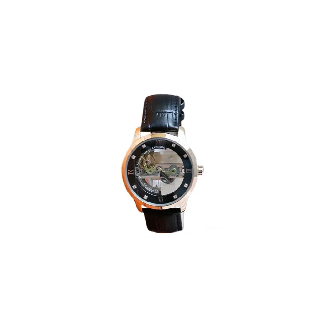 NY London Mens Automatic Dial Analogue Silver/Black Leather Strap Watch